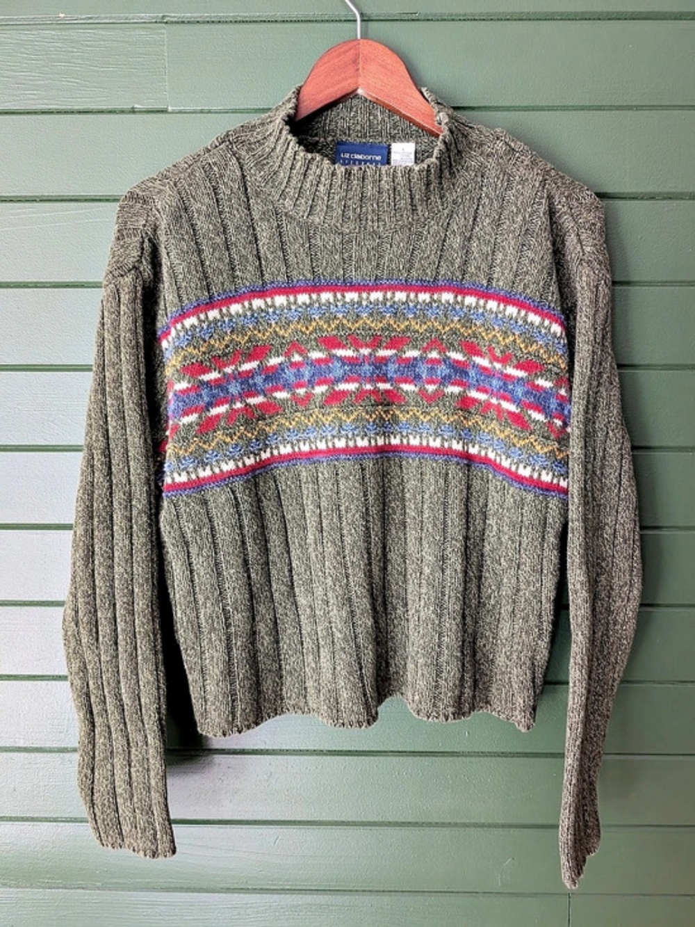 Liz Claiborne Fair Isle Knit Sweater Green Size Large